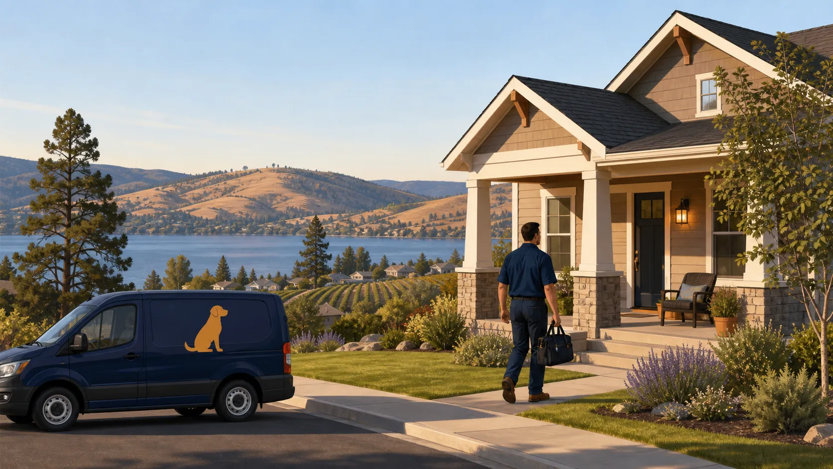 Illustrated Porchside Plumbing service van outside an Okanagan home near the lake and vineyards